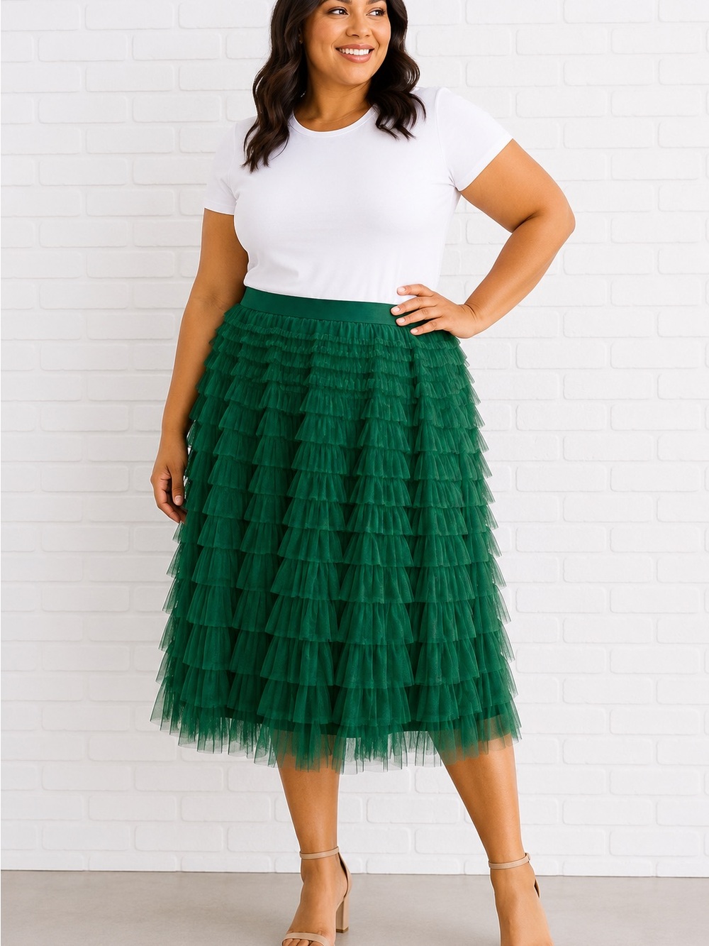 Emerald Green Tiered Ruffle Tulle Midi Skirt Size 4X Plus Pull On